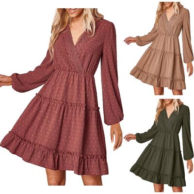 Damenmode Lässiges Temperament Langarmkleid mit V-Ausschnitt