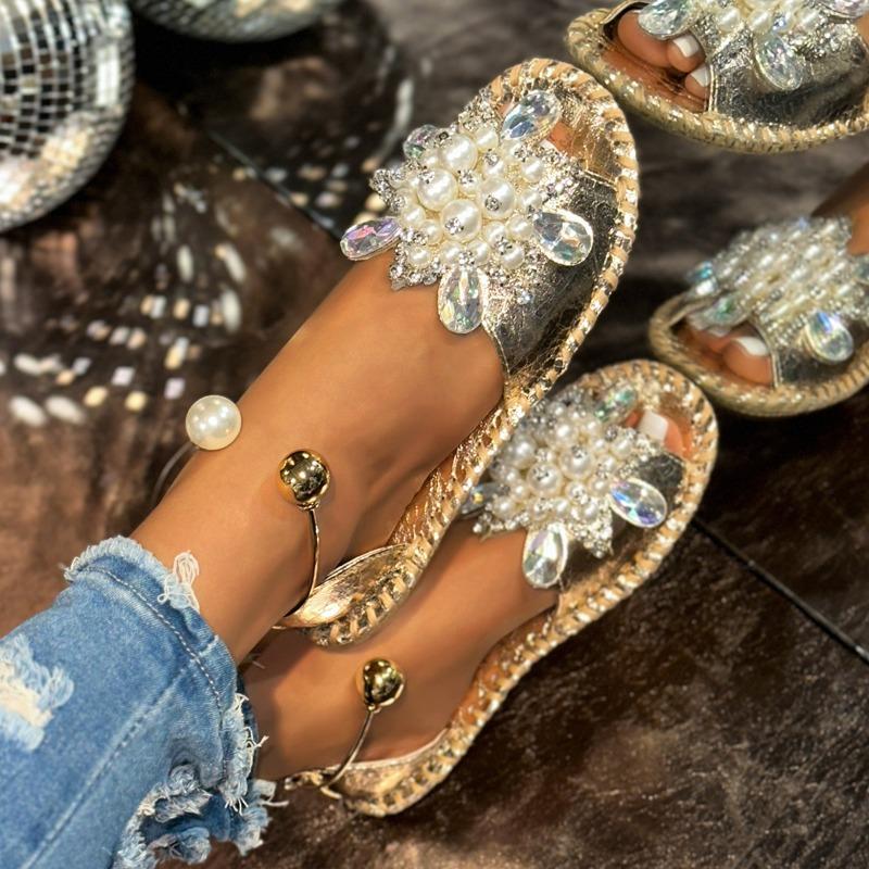Fashion Women Sandals Luxury Pearl Crystal Flower Flat Sandal 2025Summer New Casual Open Toe Sandals for Women Designer Slippers
