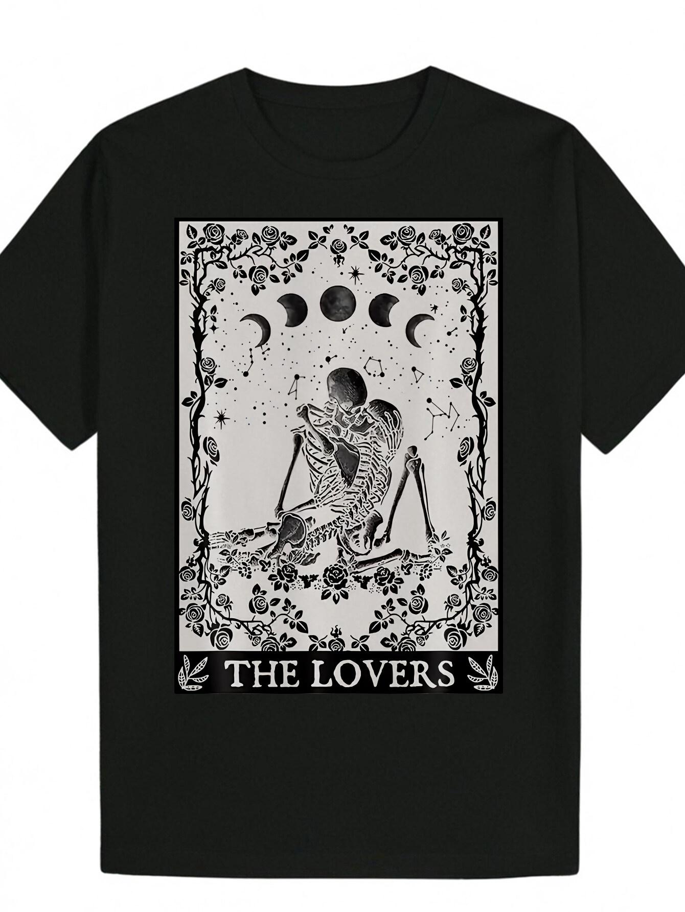 

Crew Neck Polyester T-shirt with Celestial Lovers Art Print - Black S
