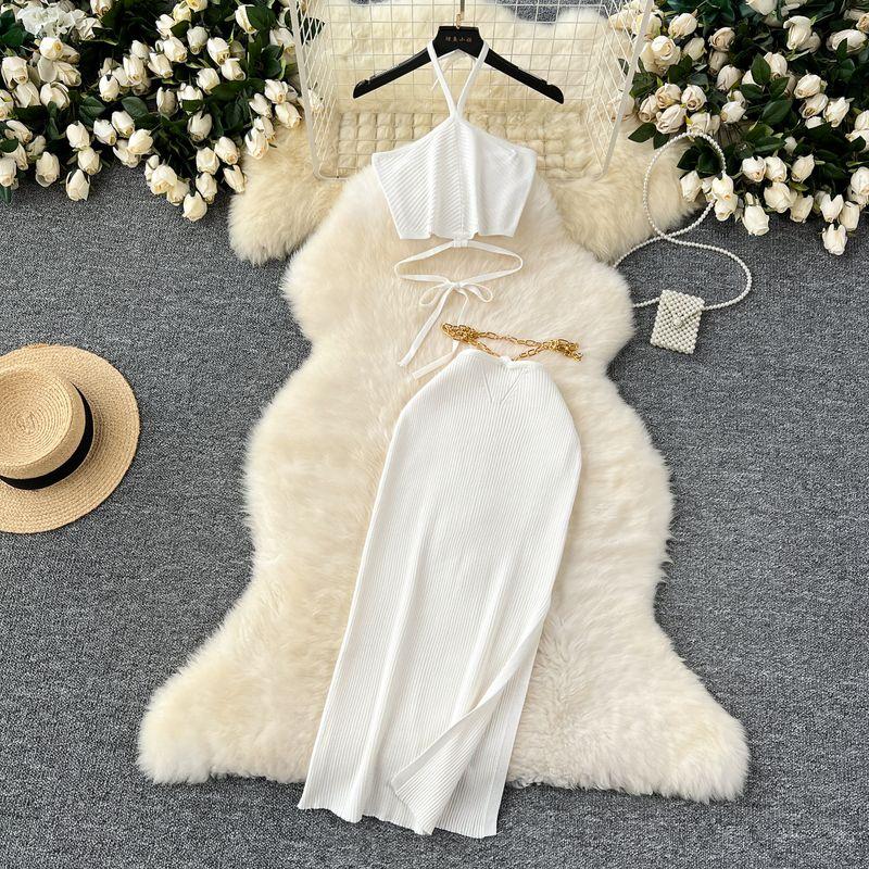 Pure Desire Sexy Waist Trimming Halter Spaghetti Straps Vest Women's Chain Design Slim-Fit Slit Hip-Wrapped Skirt Knitting Suit
