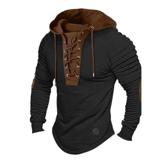 Мужская толстовка с капюшоном на шнуровке, пэчворк, с длинным рукавом, пуловер, плиссированные, повседневные, спортивные, школьные, уличная одежда M чёрный