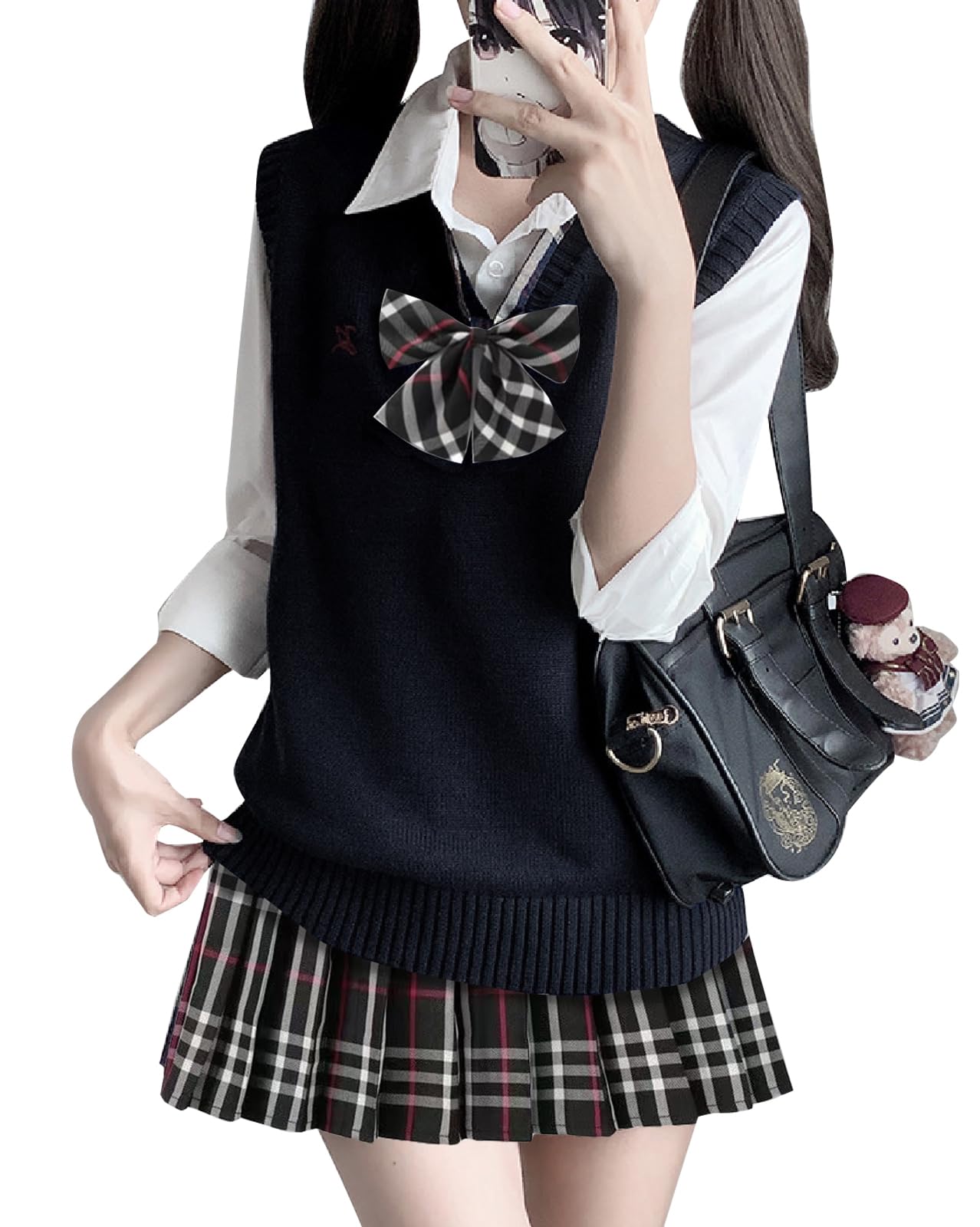 Ensemble d'uniforme de lycée Qichenk pour comprend un haut en tricot et un uniforme scolaire plissé élégant pour lycée Taille S 4 pièces Filles, Gilet, Bas,