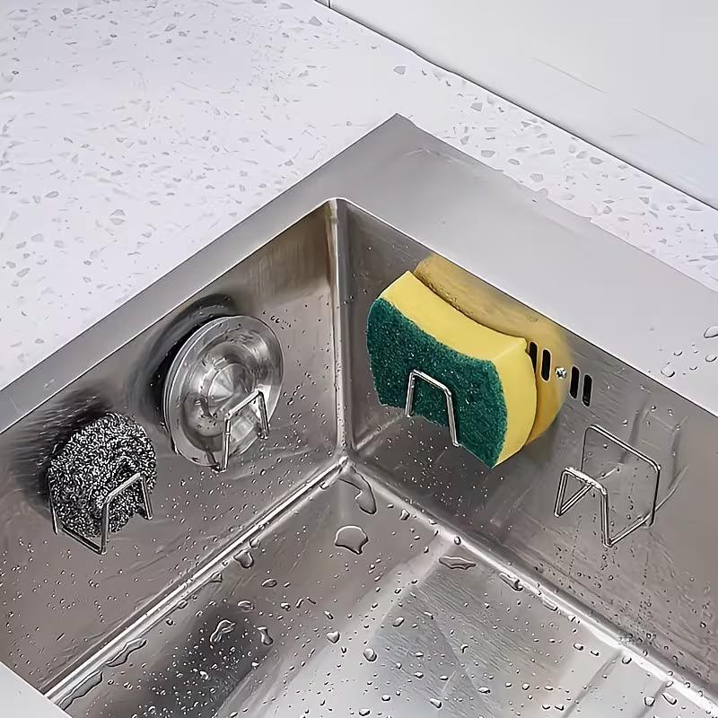 Portaspugne in Acciaio Inossidabile per Lavello da Cucina Senza Foratura Adesivo Organizer per Lavello con Ganci per Spugne e Spazzole