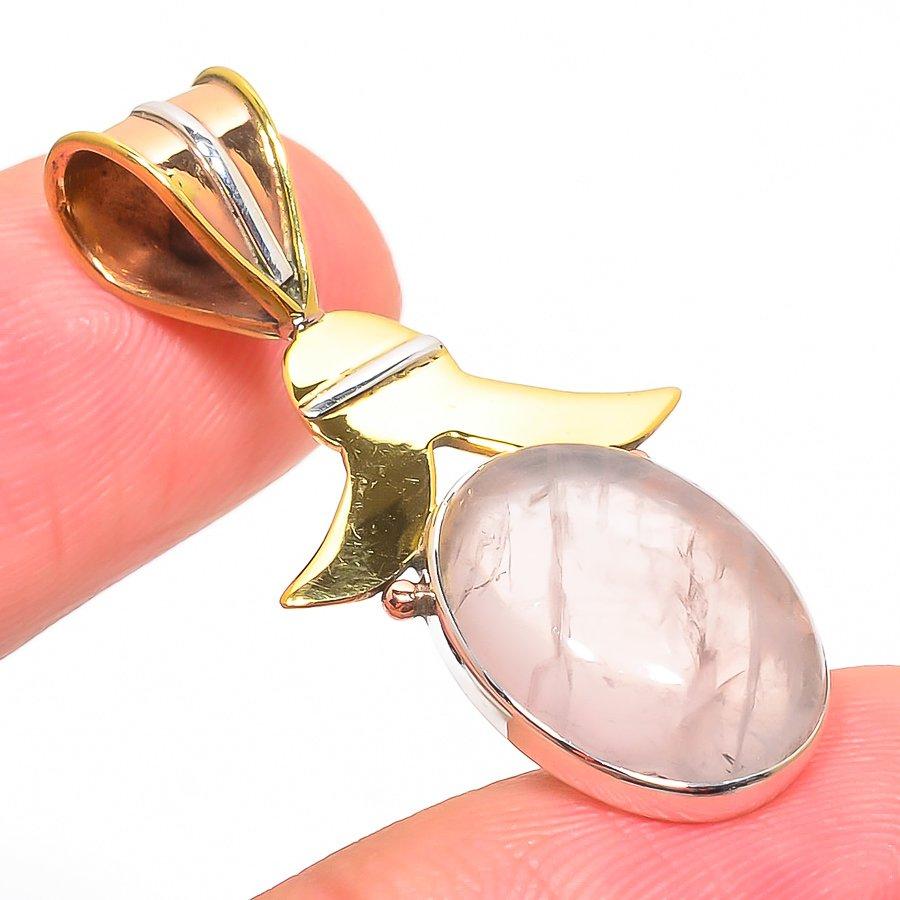 Natural Rose Quartz TwoTone 925 Solid Sterling Silver Jewelry Pendant 1.50" Q3K72