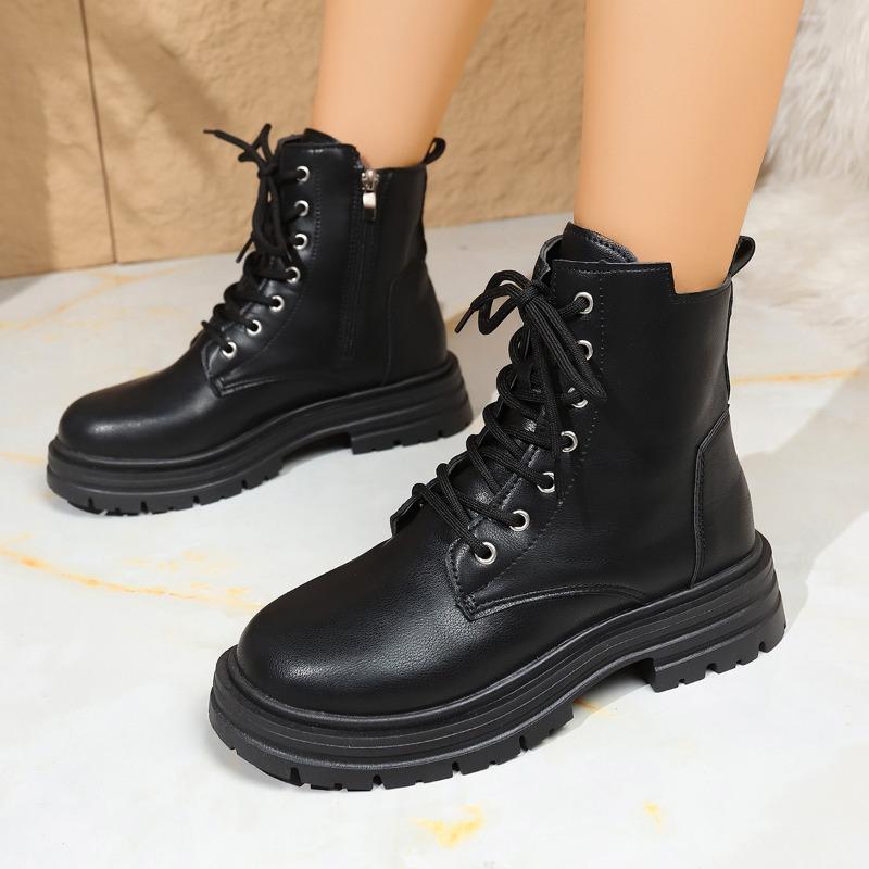 2025 Women's Fashion Boots Round Toe Platform Sole Square Heel Lace-up Short Boots Classic All-match Autumn Winter Women Boots