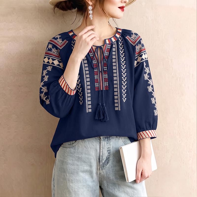 ZANZEA Women Boho Print Summer Casual Round Neck 3/4 Sleeve Blouse