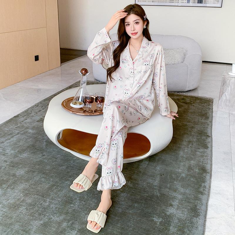 Ice silk pajamas women's summer new Internet celebrities celebrity style long-sleeved suit spring and autumn cartoon temperament outside loungewear