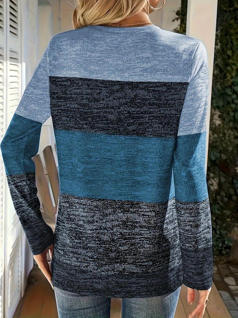 2025 Cross-Border V-Neck Color-Blocked Long-Sleeve T-Shirt