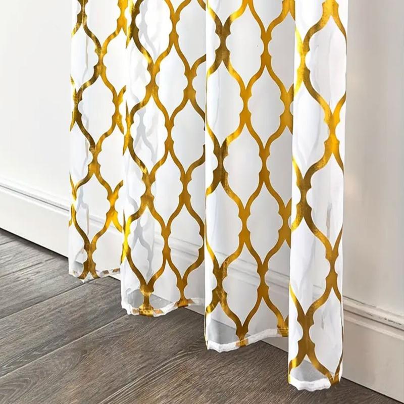 Geometric Gold Foil Sheer Curtains – Set of 2 Panels, Semi-Blackout, Light Filtering Window Curtains