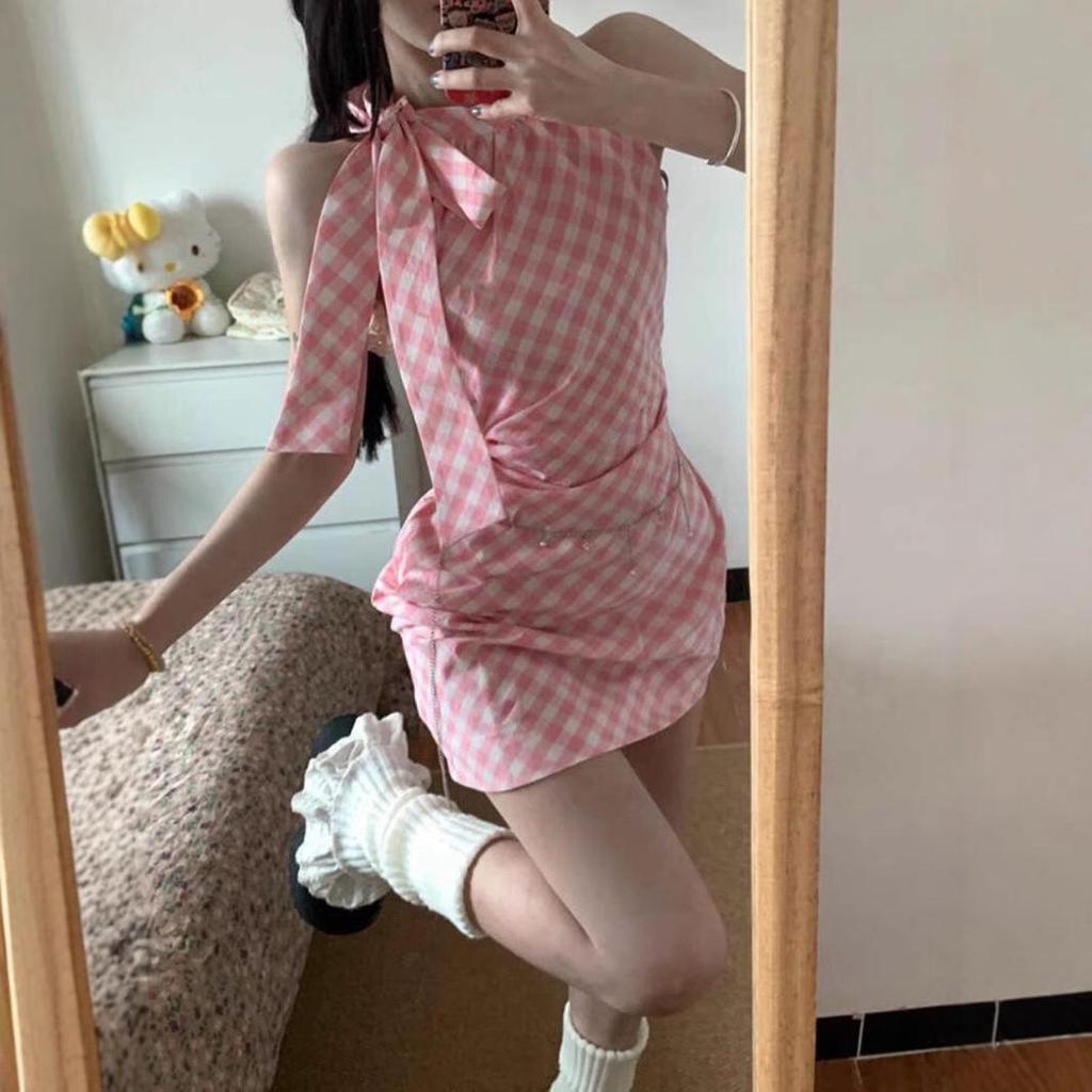 Women's Sexy Halter Off-Shoulder Pink Plaid A-Line Dress