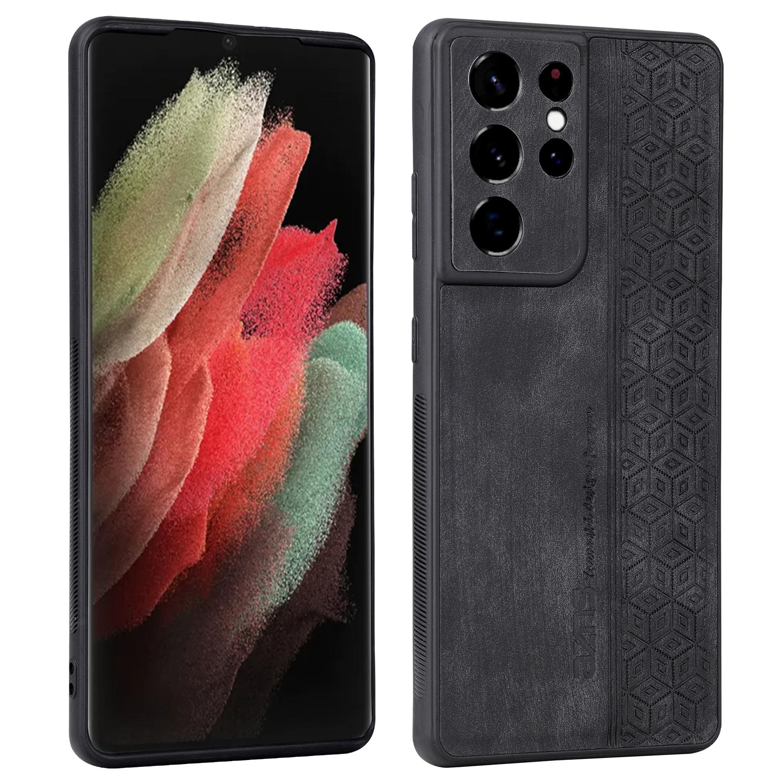 

AZNS Чехол для мобильного телефона Samsung Galaxy S21 Ultra 5G из тисненой кожи+ТПУ, противоударный чехол для телефона Black