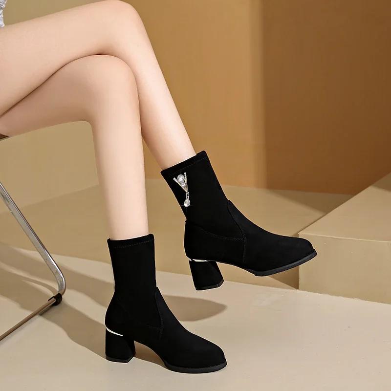 Fashion Shoes for Women 2024 Hot Sale Sleeve Women's Boots Spring Autumn Round Toe Suede Solid Short Barrel Block Heels Fashion Boots