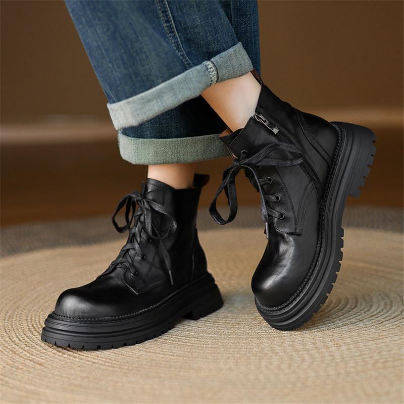 Fashion New Autumn/winter Genuine Leather Women Boots Round Toe Platform Shoes for Women Fashion Boots Mid Heels Lace Work Boots
