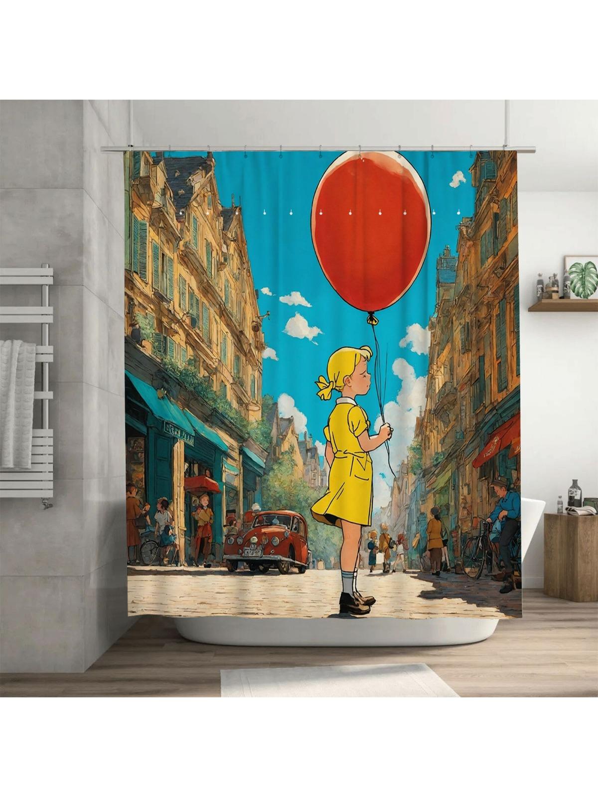 

Girl With Red Balloon Shower Curtain | Vintage Street Scene Bathroom Decor W60H190(CM)-1 Pcs