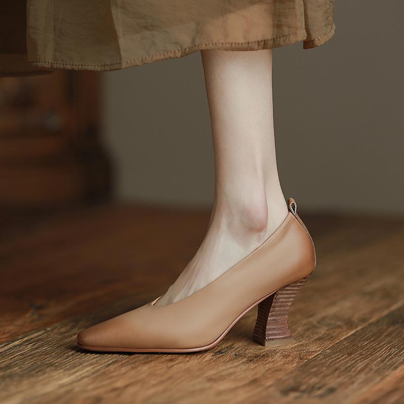 Fashion High Quality Genuine Leather Women Pumps Thick Heels Square Toe Basic Office Ladies Casual Shoes Woman 2025 Spring Summer New