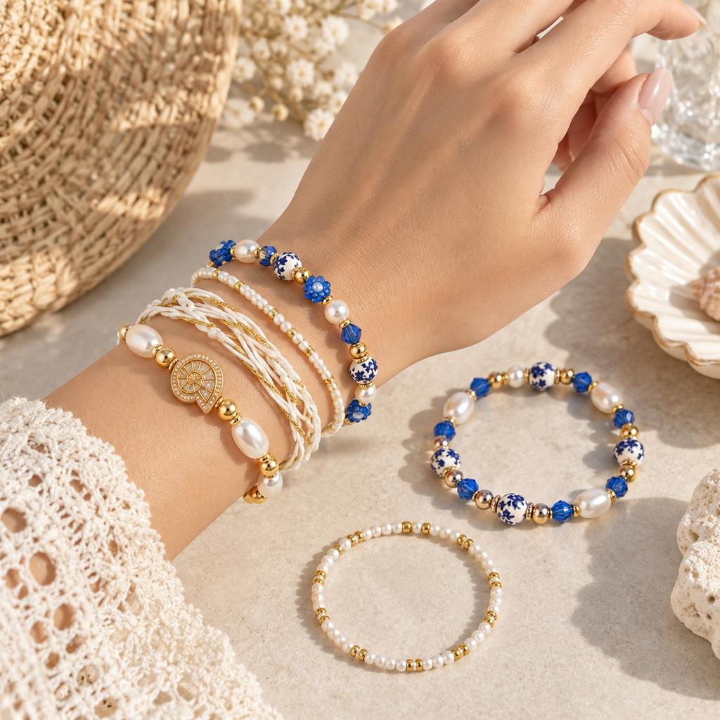 Bohemian Conch and Bracelet Set, Blue and Porcelain Beads, Handwoven Multi-Layer Stackable Jewelry, 5