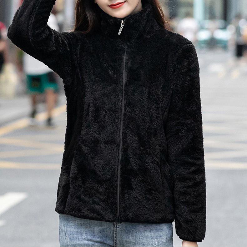 Women's Double-Sided Coral Fleece Hoodie Jacket - Thickened and Warm for Autumn and Winter