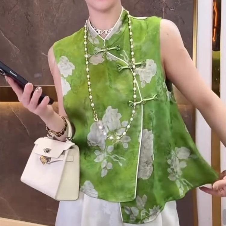 

Summer 2025 printed sleeveless top temperament versatile and thin shirt stand-up collar M [Recommended below 50kg] зелёный