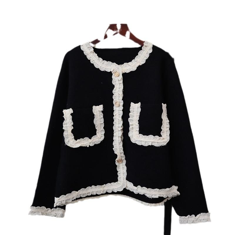 Splicing lace knitted double-sided woolen cardigan autumn and winter new loose temperament sweater jacket women