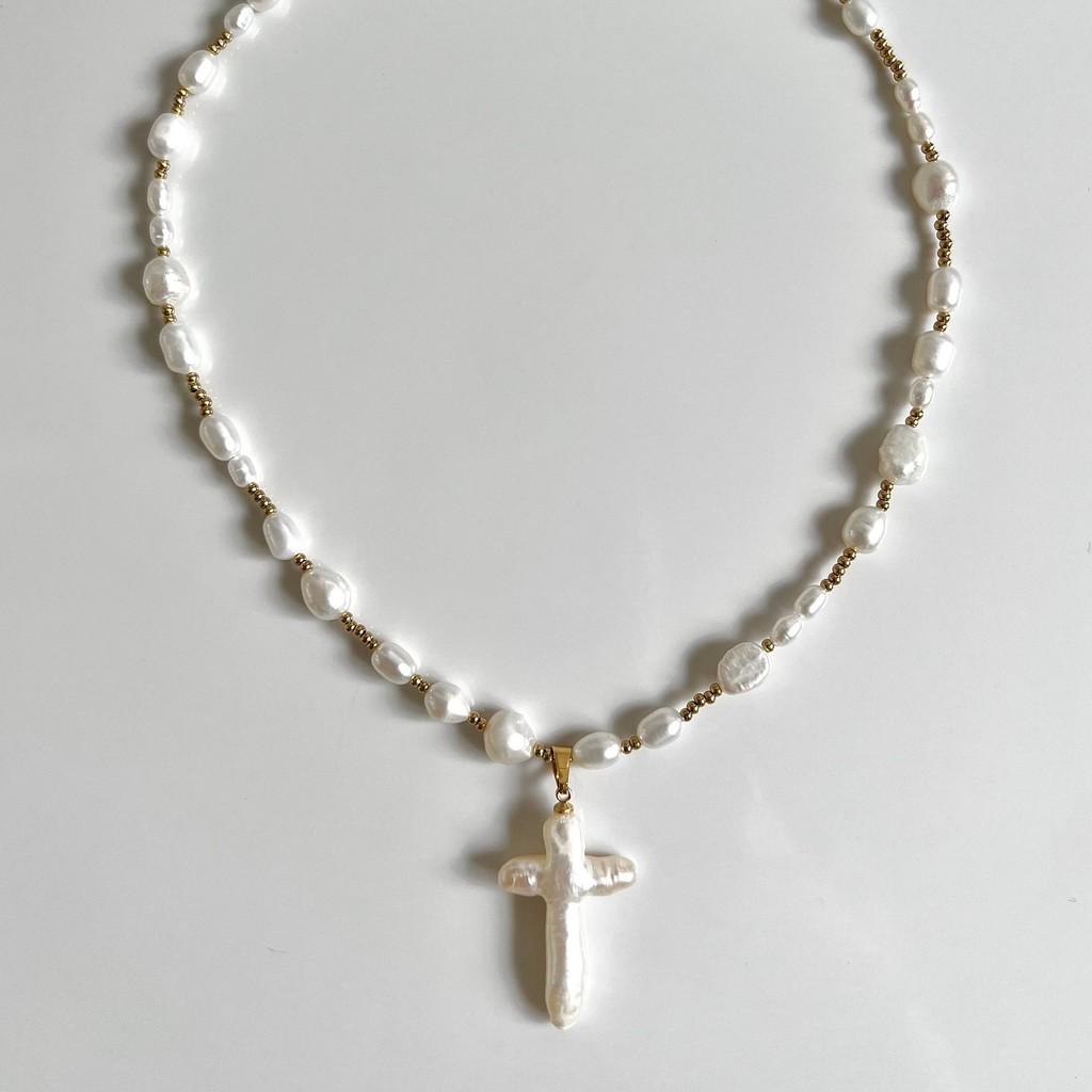 Vintage Pearl Cross Necklace With Geometric Pendant For Women