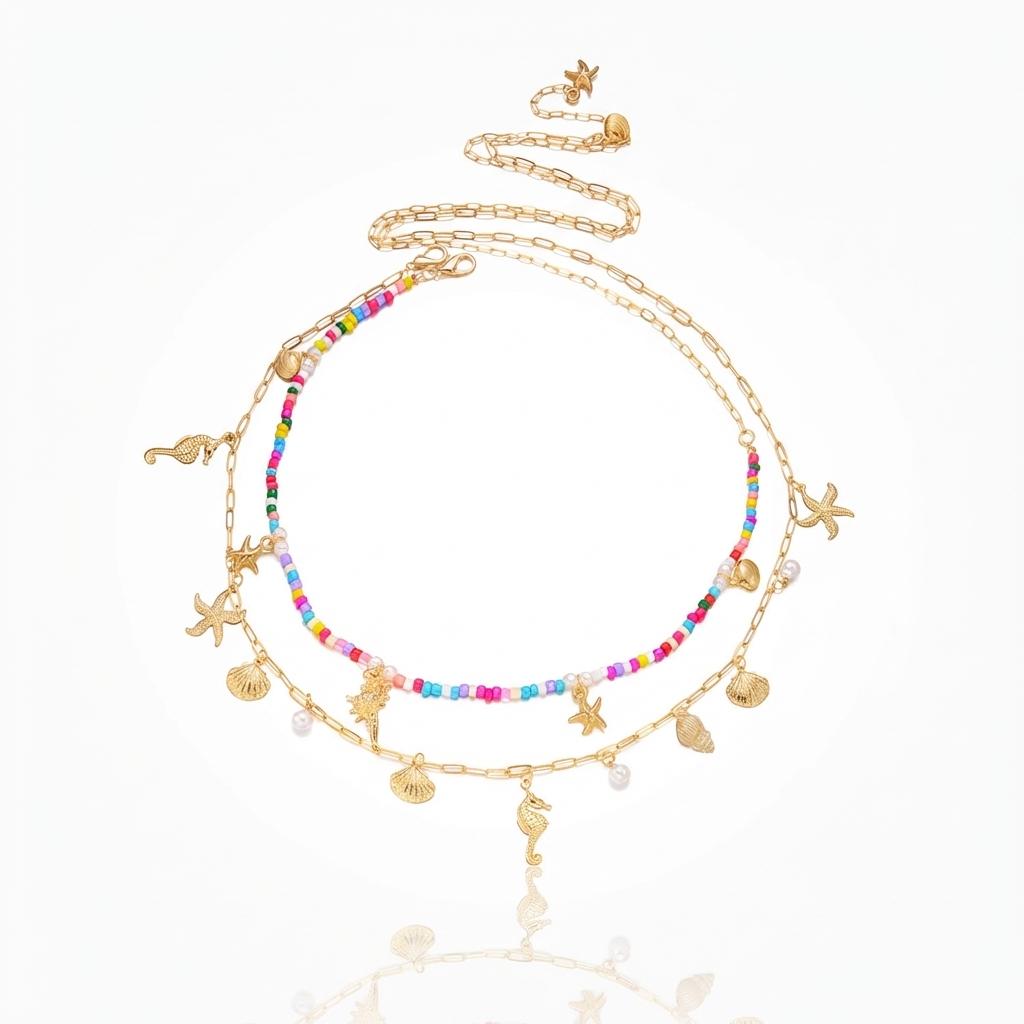 

Seahorse Starfish Double Layer Waist Chain Colorful Seed Beads Shell Belly Chain Boho Summer Beach Body Jewelry