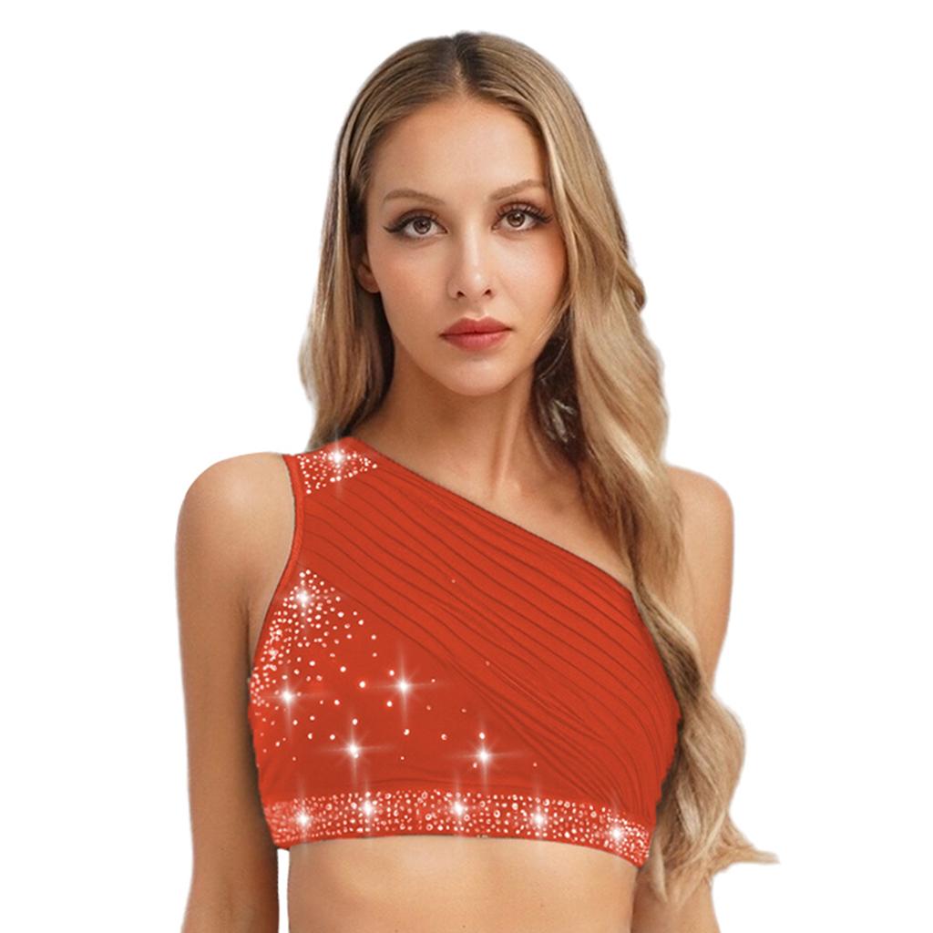 Womens Contemporary Dance Top Single Shoulder Design Mesh Overlay with Rhinestones Stretch Fabric Crop for Stage Shows