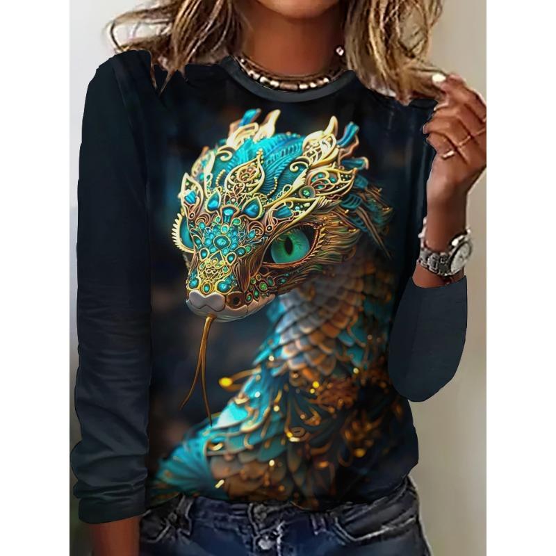 

Мультяшная женская футболка с длинным рукавом, повседневная осенняя футболка, топы с принтом животного змеи, оверсайз, женская одежда 8XL