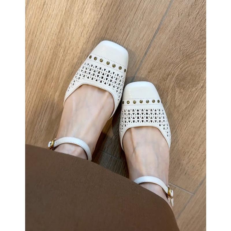 

Sheepskin French retro hollow woven leather bag head sandals women s versatile thick heel Mary Jane shoes empty single shoes 40