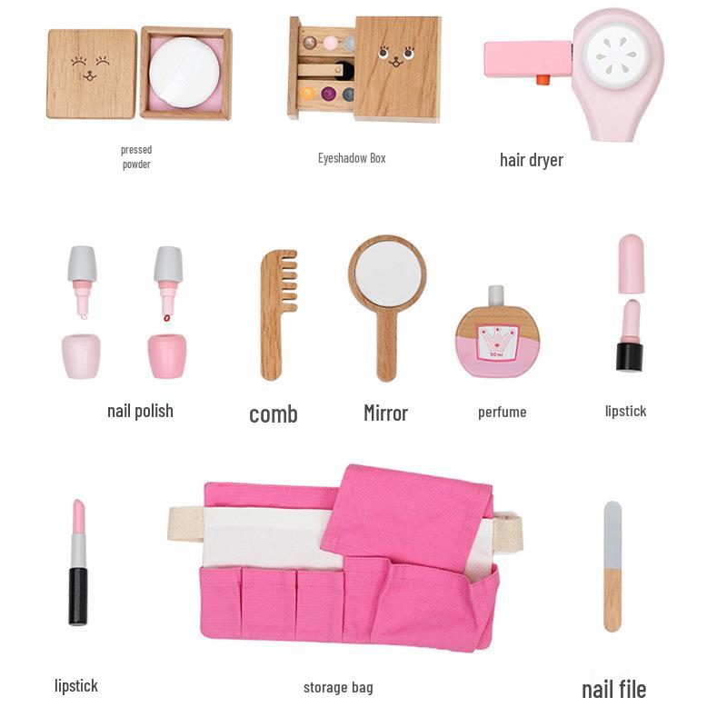 Korean Style Wooden Makeup Play Set: Pretend Eyeshadow, Powder, Lipstick, Perfume, Hair Accessories.
