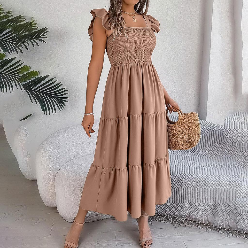 Women's Square-Neck Ruffled Short-Sleeve Zipper Fashion Casual Fitted Bodycon Dress