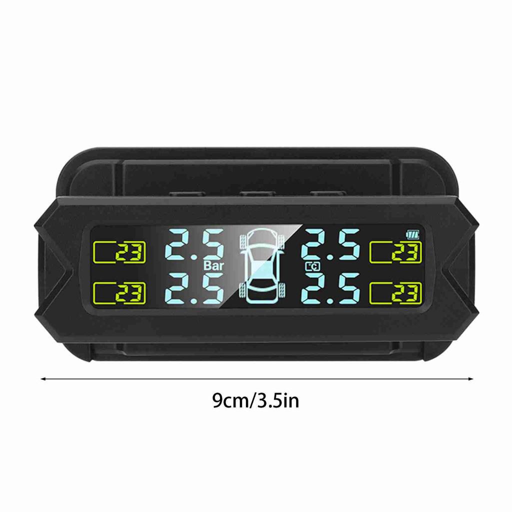 Solar-powered tire pressure monitoring system with automatic backlit LCD screen. (Automotive parts)