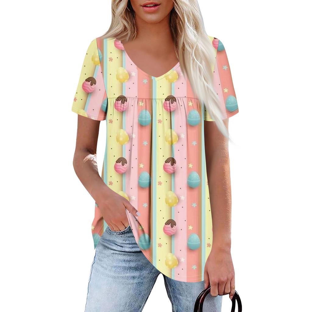 Ladies' Casual V-neck Short Sleeved Shirt With Pleated Easter Print On The Chest