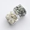 Adjustable Open Ring Men Women Vintage Floral Design With Peony Lotus Motif Plated Wide Band Statement Jewelry