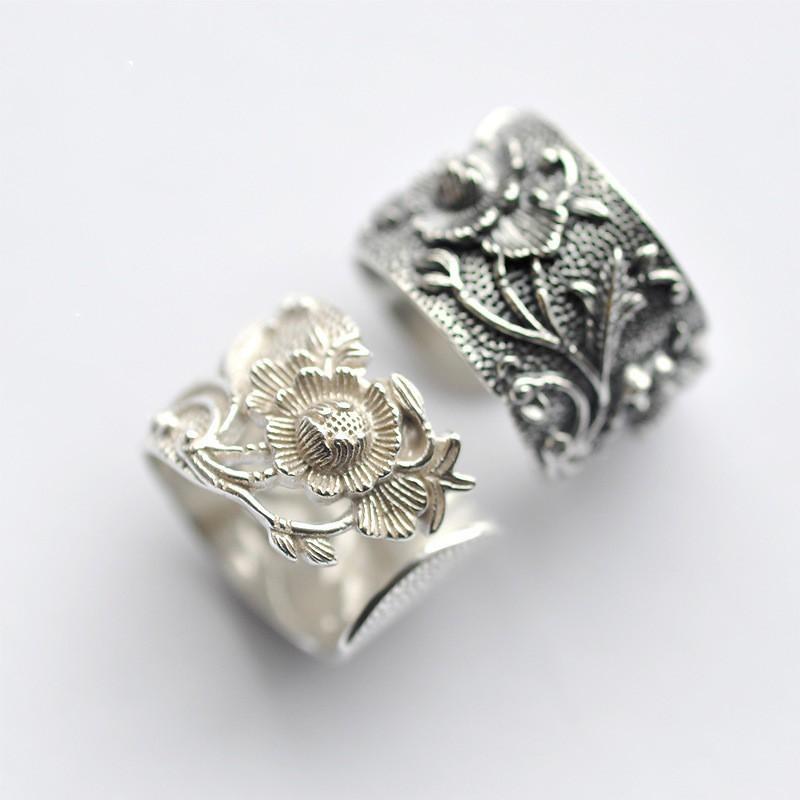 Adjustable Open Ring Men Women Vintage Floral Design With Peony Lotus Motif Plated Wide Band Statement Jewelry