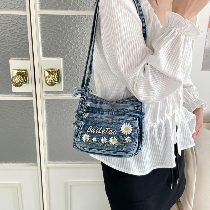 Lightweight Denim Zipper Crossbody Bag Stitching Line Embroidery Decoration Bag Hot Sale Casual Youth Women's Shoulder Bags