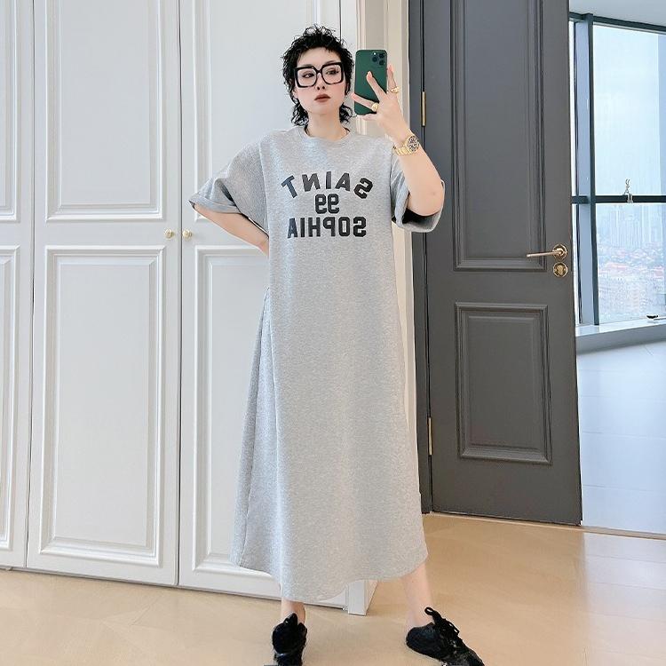 Women's Summer Lightweight Dress, Simple Knee-length, Laid-back Style, Large Size, Loose-fitting Short-sleeved T-shirt Skirt