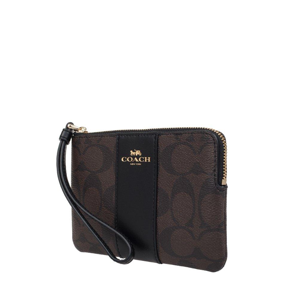Coach F58035 Corner Zip Wristlet Signature Coated Canvas One Size Black Brown,