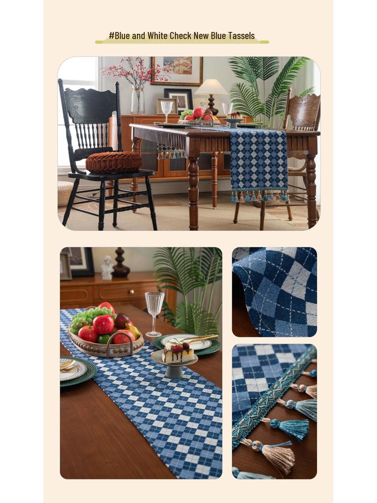 Imanqi Yun Retro Colorful Jacquard Diamond Geometric Tassel Table Runner