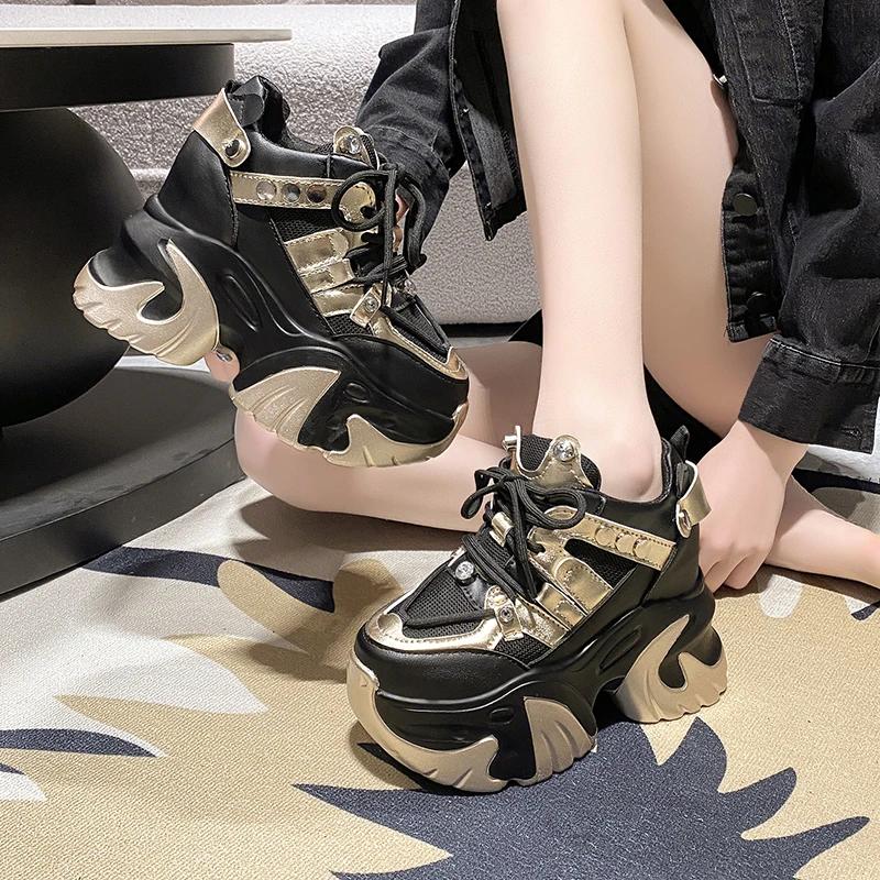 Fashion 10CM New 2024 Spring Women Chunky Sneakers Heels Lace-up High Platform Sports Shoes Woman Breathable Mesh Shoes Leather Sneakers