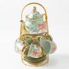 6 Pieces Ceramic Tea Set Cups Saucers Teapot Plates Handmade Floral Pattern Vintage Style Porcelain