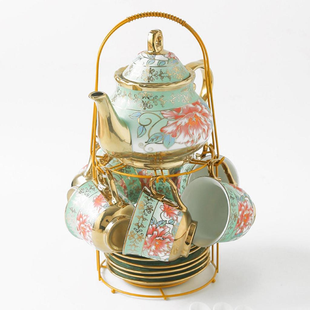 6 Pieces Ceramic Tea Set Cups Saucers Teapot Plates Handmade Floral Pattern Vintage Style Porcelain