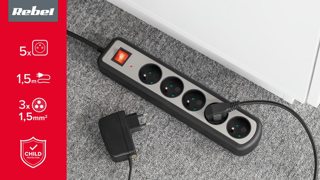 Rebel 1.5m 5-socket Power Strip Extension Cord