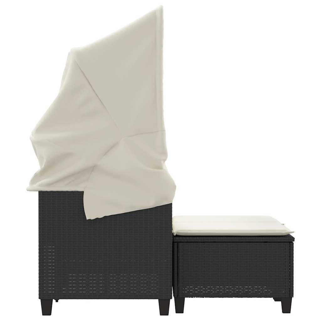 2 Seater Garden Sofa with Canopy and Footstools Black Poly Rattan