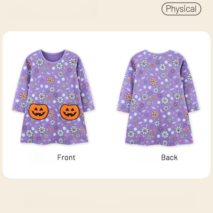 Girls Autumn Crew Neck Girls Dress Halloween Patch Long Sleeve Skirt