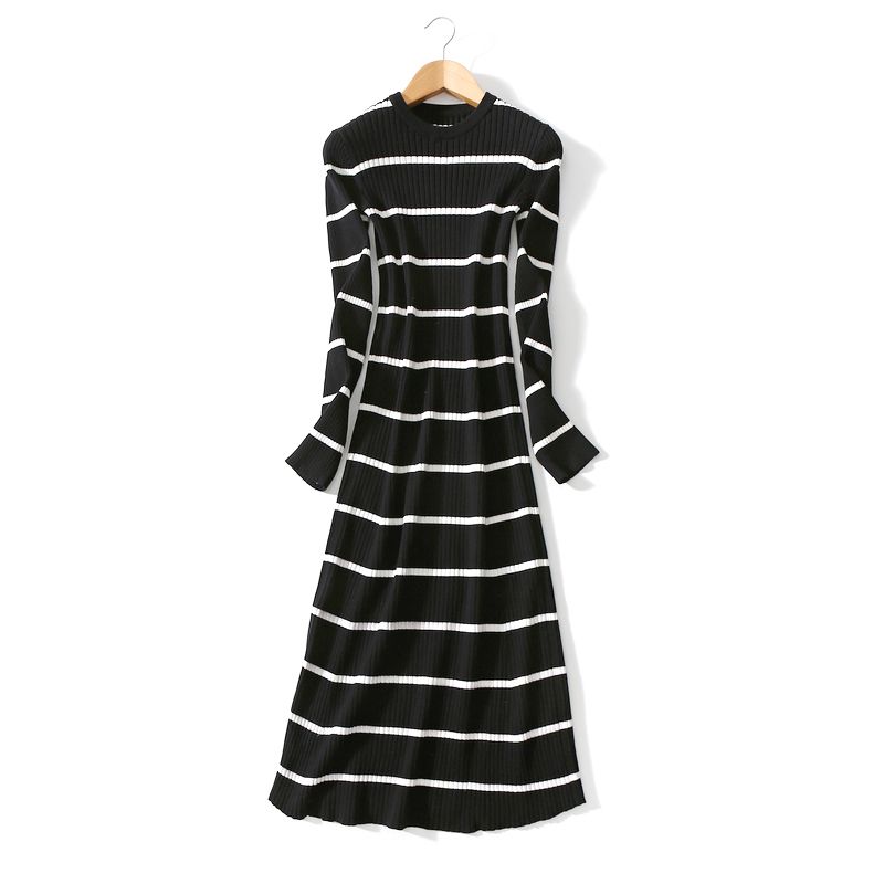 

Great Value Special Price ~ Silm Slimming Simple Stripe Thickening Base Sweater Dress Mid-Length Autumn and Winter over the Knee Knitted Dress Black and white Stripes Free size