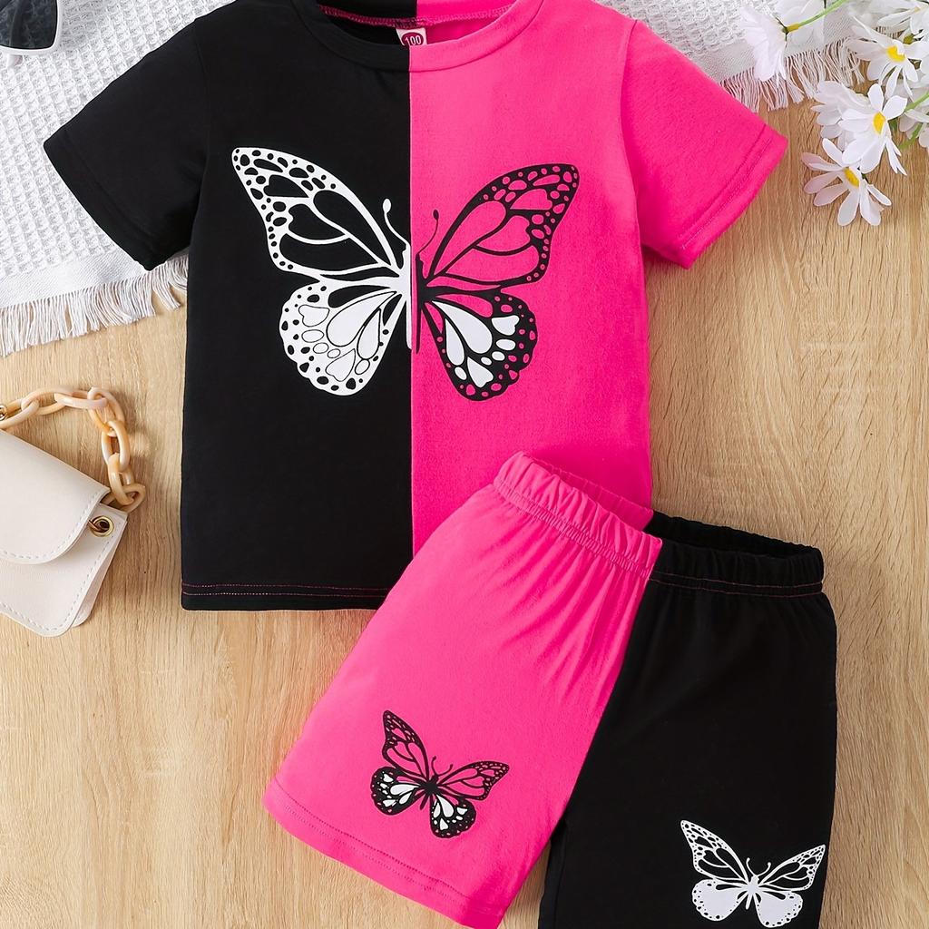 Fete Color Clash 2buc, Set tricouri și pantaloni scurți, Top cu mânecă scurtă cu imprimeu cu fluturi, ținute casual, haine pentru copii pentru vară
