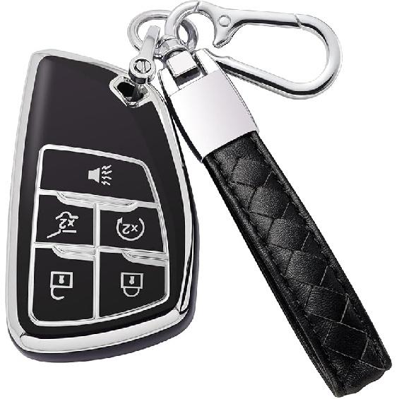 For Chevy Key Fob Cover With Leather Keychain Soft TPU Key Case Shell Holder Fits For Chevrolet    2024 Suburban Tahoe Silverado 1500, For GMC Yukon