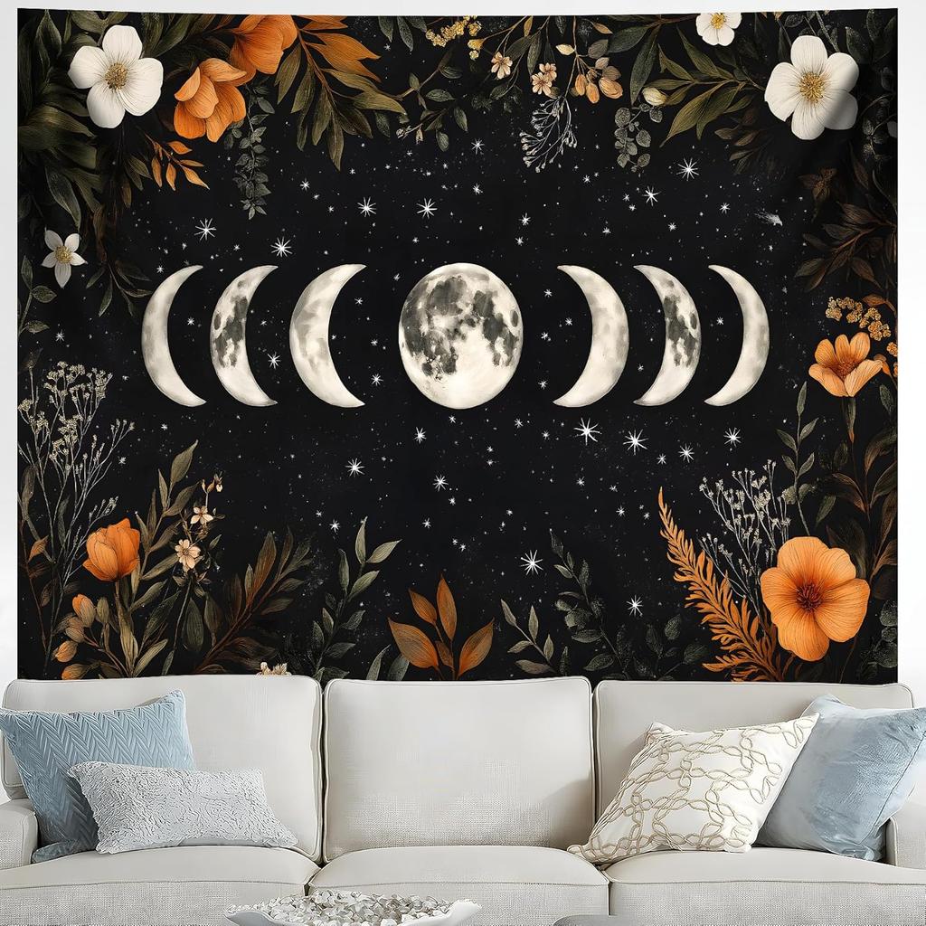 BVBOX Moon Garden Tapestry 59"x51", Black Celestial Floral Bohemian Moon Butterfly Tapestries, Dark Botanical Tapestry Wall Hanging Room Decor For