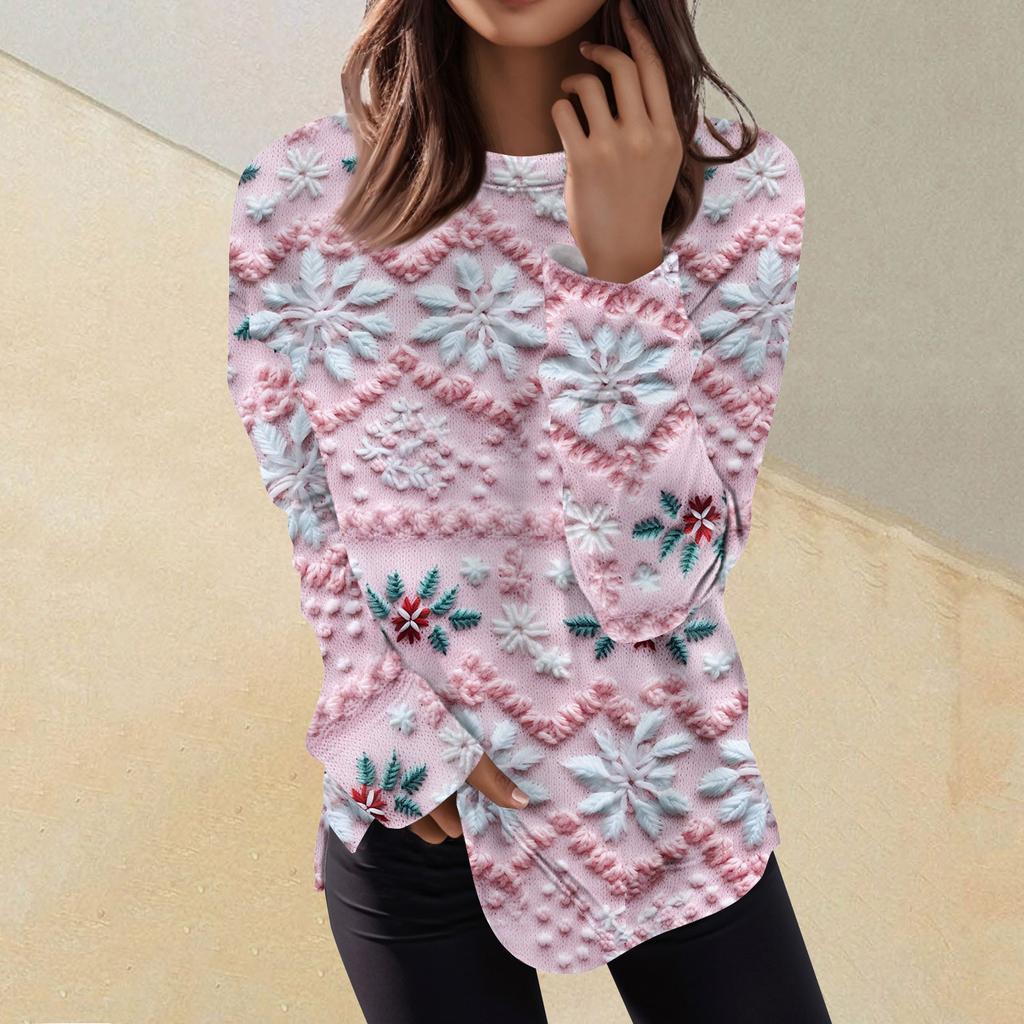 Pullover-Oberteil mit lässigem Modedruck für Damen, langärmelig, Rundhalsausschnitt