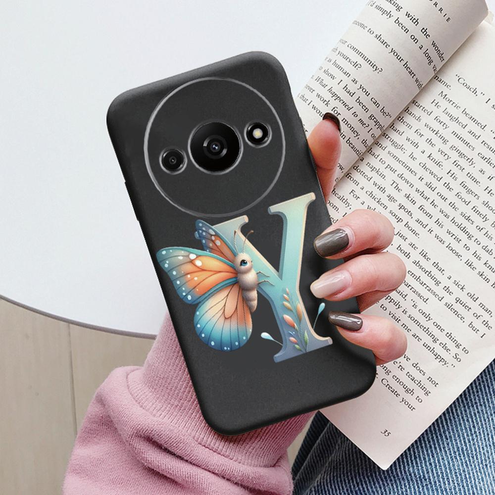Handyhülle für Xiaomi Redmi A3 4G A3x Rosa Buchstabe Blume Schmetterling Stoßfest Weiches Silikon Cover Kameraschutz TPU Fundas